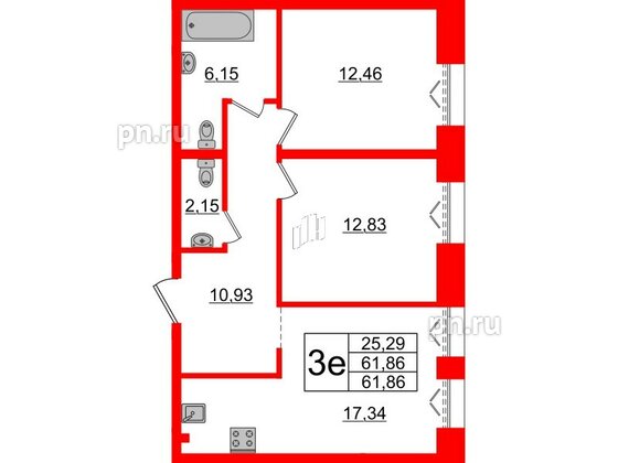 Квартира в ЖК Imperial Club, 2 комнатная, 61.86 м², 2 этаж