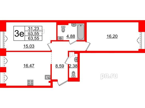 Квартира в ЖК Imperial Club, 2 комнатная, 63.55 м², 3 этаж