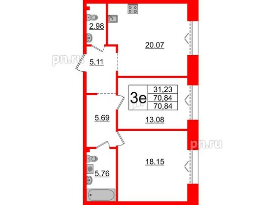 Квартира в ЖК Imperial Club, 2 комнатная, 70.84 м², 2 этаж