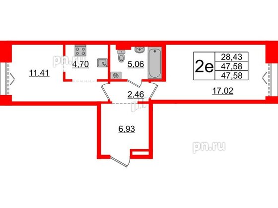 Квартира в ЖК Imperial Club, 2 комнатная, 47.58 м², 2 этаж