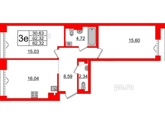 Квартира в ЖК «Империал Клаб», 2 комнатная, 62.32 м², 6 этаж