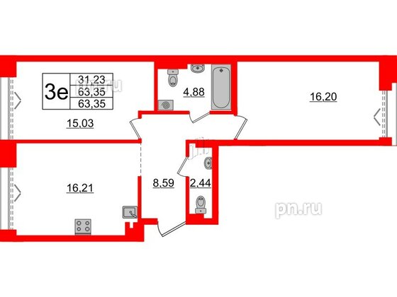 Квартира в ЖК «Империал Клаб», 2 комнатная, 63.35 м², 4 этаж