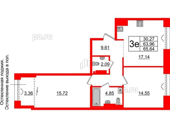Квартира в ЖК «Империал Клаб», 2 комнатная, 63.96 м², 7 этаж