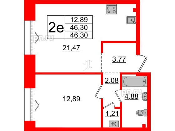 Квартира в ЖК «Империал Клаб», 1 комнатная, 46.3 м², 2 этаж