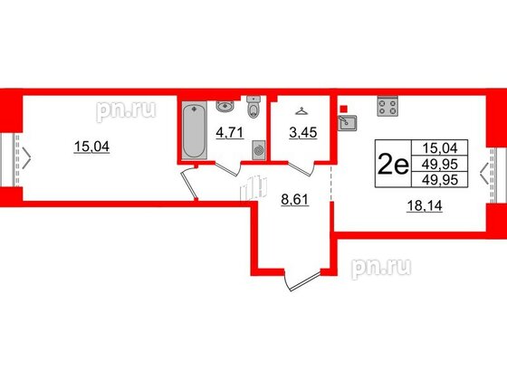 Квартира в ЖК «Империал Клаб», 1 комнатная, 49.95 м², 2 этаж