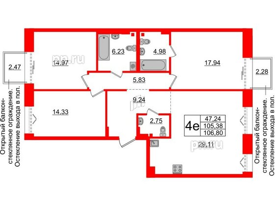 Квартира в ЖК Imperial Club, 3 комнатная, 105.38 м², 4 этаж