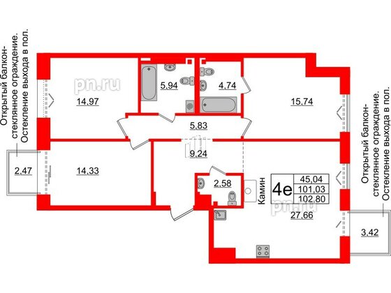 Квартира в ЖК Imperial Club, 3 комнатная, 101.03 м², 7 этаж