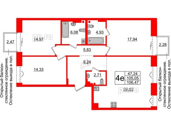 Квартира в ЖК Imperial Club, 3 комнатная, 105.05 м², 5 этаж