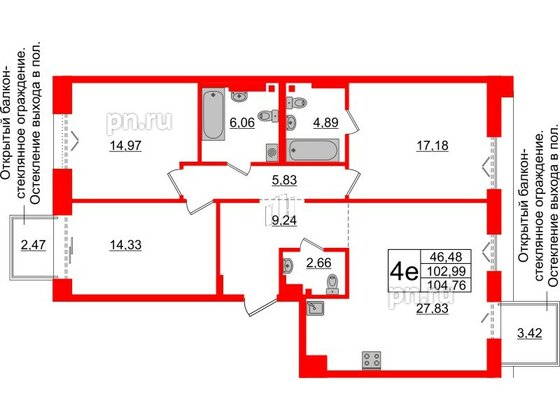 Квартира в ЖК Imperial Club, 3 комнатная, 102.99 м², 6 этаж