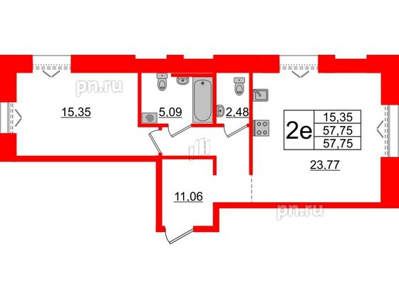 Квартира в ЖК «Империал Клаб», 1 комнатная, 57.75 м², 2 этаж