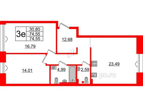 Квартира в ЖК «Империал Клаб», 2 комнатная, 74.55 м², 3 этаж
