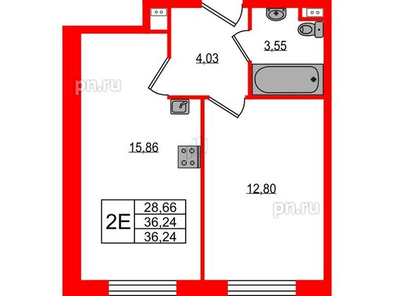 Апартаменты в ЖК ZOOM на Неве, 1 комнатные, 36.24 м², 3 этаж