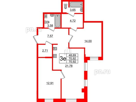 Апартаменты в ЖК ZOOM Черная речка, 2 комнатные, 70.92 м², 4 этаж