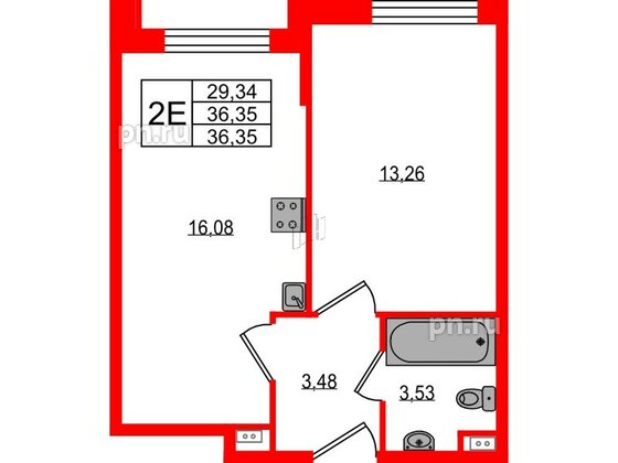 Апартаменты в ЖК ZOOM на Неве, 1 комнатные, 36.35 м², 2 этаж