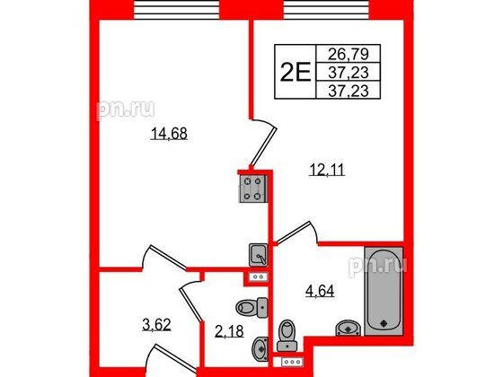 Апартаменты в ЖК ZOOM на Неве, 1 комнатные, 37.23 м², 11 этаж