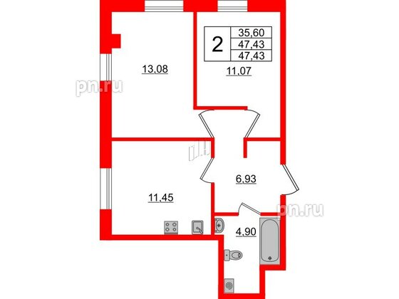 Апартаменты в ЖК ZOOM Черная речка, 2 комнатные, 47.43 м², 5 этаж