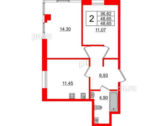 Апартаменты в ЖК ZOOM Черная речка, 2 комнатные, 48.65 м², 7 этаж