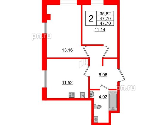 Апартаменты в ЖК ZOOM Черная речка, 2 комнатные, 47.7 м², 11 этаж