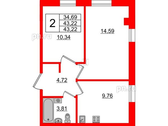 Апартаменты в ЖК ZOOM Черная речка, 2 комнатные, 43.22 м², 4 этаж