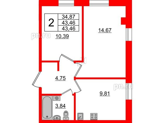 Апартаменты в ЖК ZOOM Черная речка, 2 комнатные, 43.46 м², 8 этаж