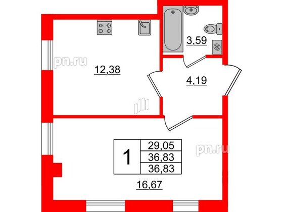 Апартаменты в ЖК ZOOM Черная речка, 1 комнатные, 36.83 м², 5 этаж