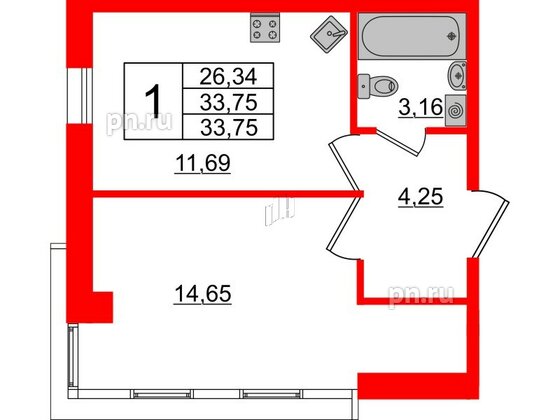 Апартаменты в ЖК ZOOM Черная речка, 1 комнатные, 33.75 м², 10 этаж