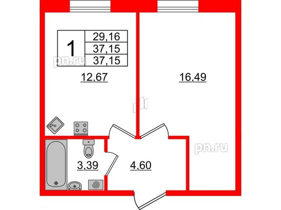 Апартаменты в ЖК «Зум Черная речка», 1 комнатные, 37.15 м², 5 этаж