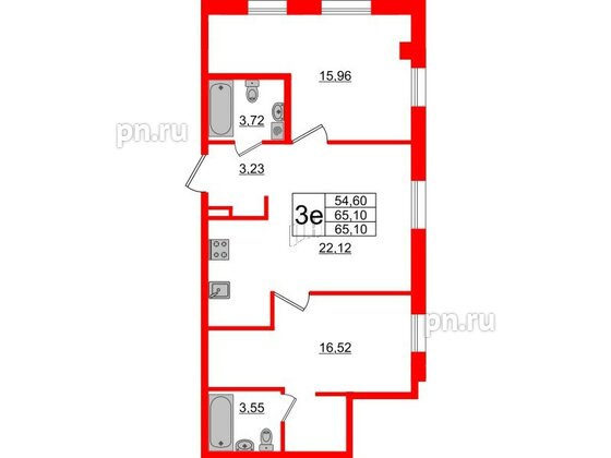 Апартаменты в ЖК ZOOM Черная речка, 2 комнатные, 65.1 м², 5 этаж