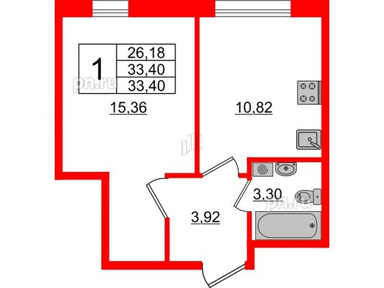 Апартаменты в ЖК ZOOM Черная речка, 1 комнатные, 33.4 м², 7 этаж