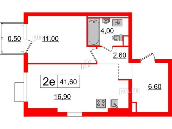 Квартира в ЖК Витебский парк, 1 комнатная, 41.6 м², 2 этаж