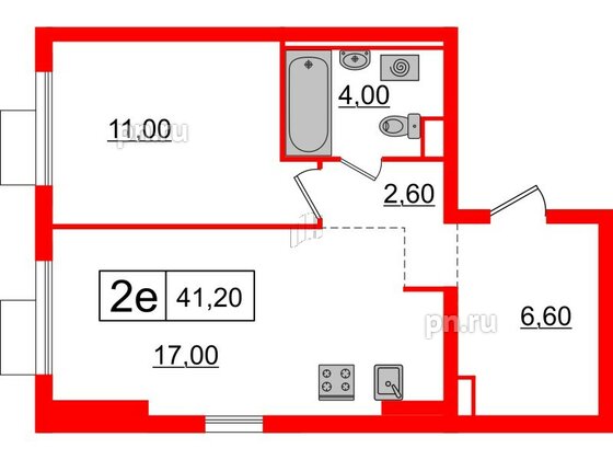 Квартира в ЖК Витебский парк, 1 комнатная, 41.2 м², 3 этаж