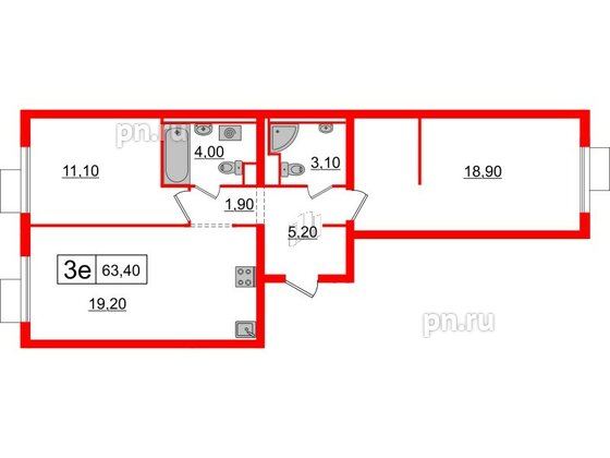 Квартира в ЖК Витебский парк, 2 комнатная, 63.4 м², 3 этаж