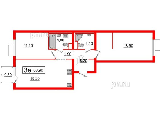 Квартира в ЖК Витебский парк, 2 комнатная, 63.9 м², 4 этаж