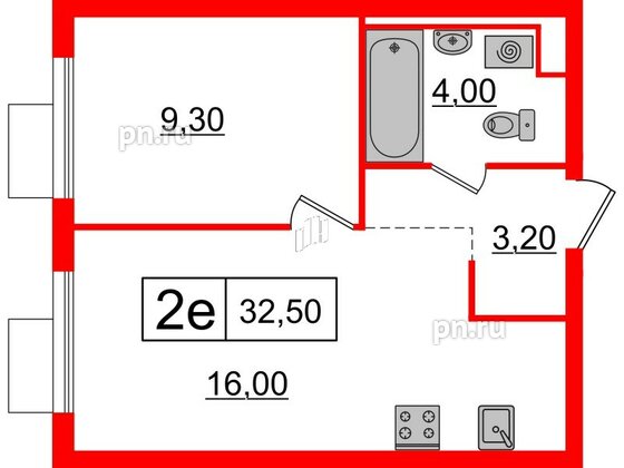 Квартира в ЖК Витебский парк, 1 комнатная, 32.5 м², 9 этаж