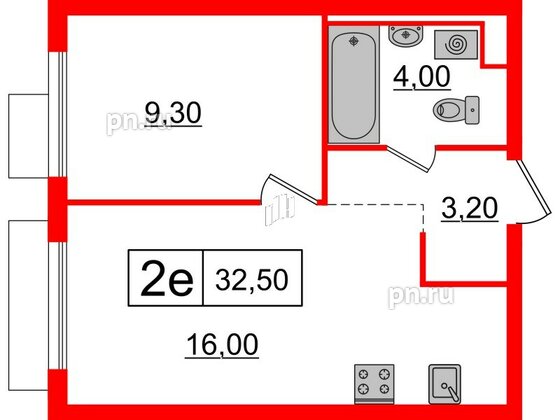 Квартира в ЖК Витебский парк, 1 комнатная, 32.5 м², 2 этаж