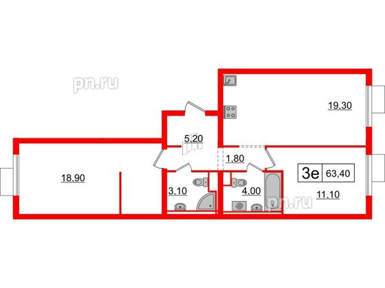 Квартира в ЖК Витебский парк, 2 комнатная, 63.4 м², 12 этаж