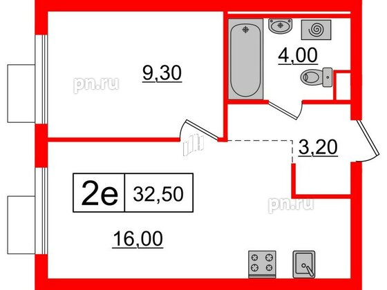 Квартира в ЖК Витебский парк, 1 комнатная, 32.5 м², 9 этаж