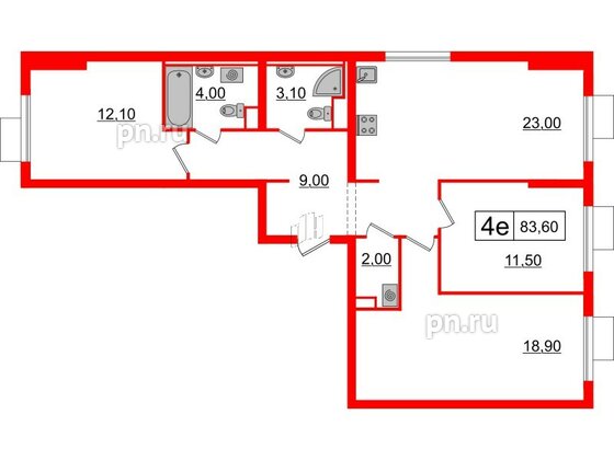 Квартира в ЖК Витебский парк, 3 комнатная, 83.6 м², 9 этаж