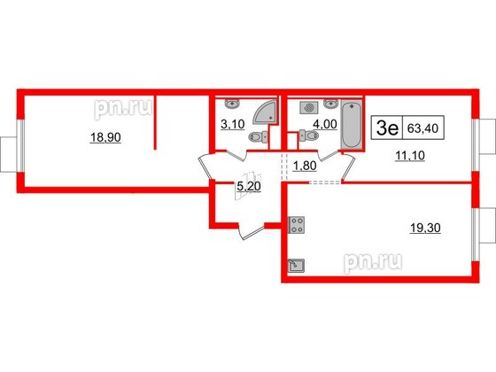 Квартира в ЖК Витебский парк, 2 комнатная, 63.4 м², 13 этаж