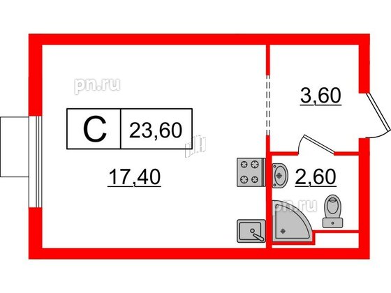 Квартира в ЖК Витебский парк, студия, 23.6 м², 12 этаж