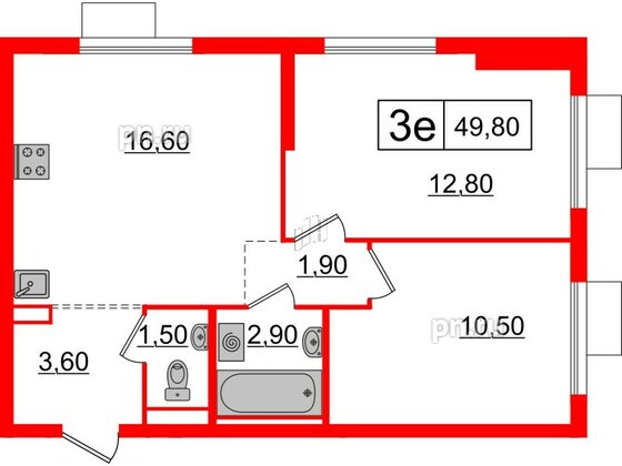 Квартира в ЖК Витебский парк, 2 комнатная, 49.8 м², 12 этаж