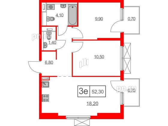 Квартира в ЖК Таллинский парк, 2 комнатная, 52.3 м², 2 этаж