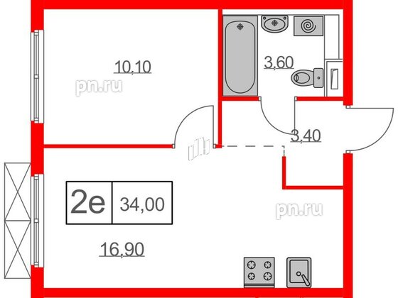 Квартира в ЖК Таллинский парк, 1 комнатная, 33.9 м², 5 этаж