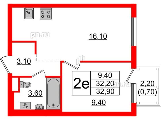 Квартира в ЖК Заречный парк, 1 комнатная, 32.9 м², 20 этаж