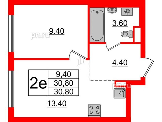 Квартира в ЖК Заречный парк, 1 комнатная, 30.9 м², 12 этаж