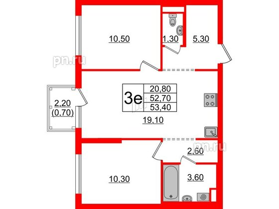 Квартира в ЖК Заречный парк, 2 комнатная, 53.4 м², 21 этаж