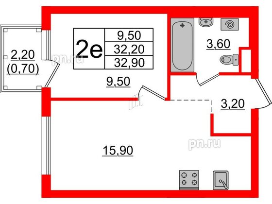 Квартира в ЖК Заречный парк, 1 комнатная, 32.9 м², 12 этаж