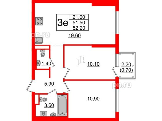 Квартира в ЖК Заречный парк, 2 комнатная, 52.2 м², 18 этаж