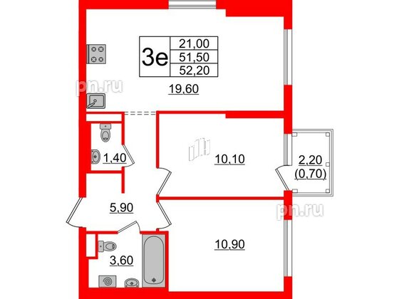 Квартира в ЖК Заречный парк, 2 комнатная, 52.2 м², 21 этаж