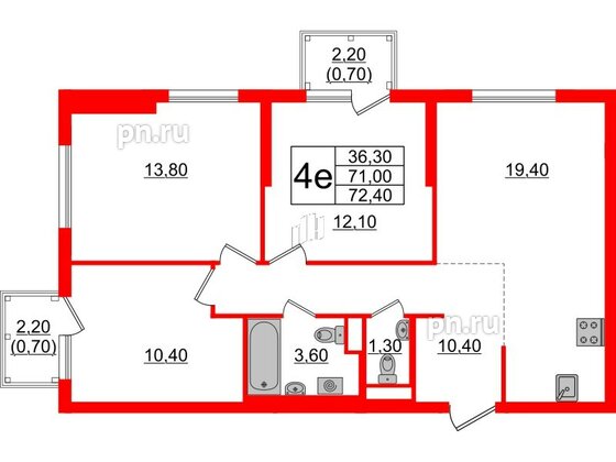 Квартира в ЖК Заречный парк, 3 комнатная, 72.4 м², 9 этаж